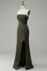 Green Strapless Satin Mermaid Prom Dress with Slit