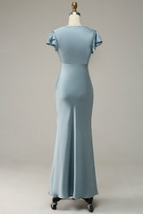 Grey Blue Satin Simple Prom Dress with Ruffles