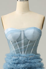 A Line Sweetheart Grey Blue Long Prom Dress with Ruffles