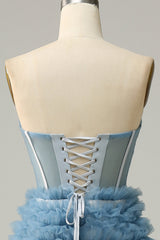 A Line Sweetheart Light Blue Tiered Prom Dress