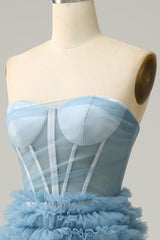 A Line Sweetheart Grey Blue Long Prom Dress with Ruffles