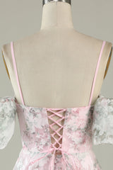 A-Line Cold Shoulder Flower Printed Pink Cocktail Dress