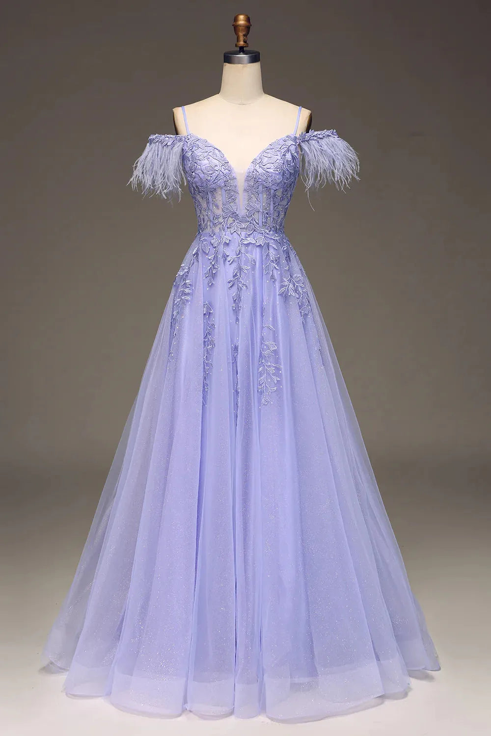 Wholesale Lilac A Line Feather Off The Shoulder Long Tulle Prom Dress With Appliques prom dresses shops