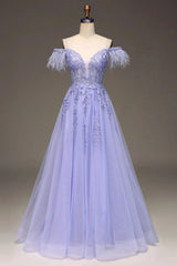 Wholesale Lilac A Line Feather Off The Shoulder Long Tulle Prom Dress With Appliques prom dresses shops
