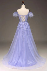 Wholesale Lilac A Line Feather Off The Shoulder Long Tulle Prom Dress With Appliques prom dresses shops