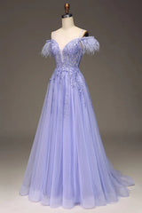 Wholesale Lilac A Line Feather Off The Shoulder Long Tulle Prom Dress With Appliques prom dresses shops