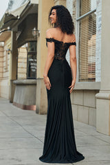 Glitter Off the Shoulder Black Mermaid Long Prom Dress