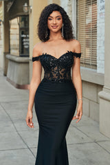 Glitter Off the Shoulder Black Mermaid Long Prom Dress