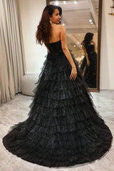 Wholesale Glitter Black A-Line Sweetheart Long Corset Tiered Prom Dress With Slit prom clothing