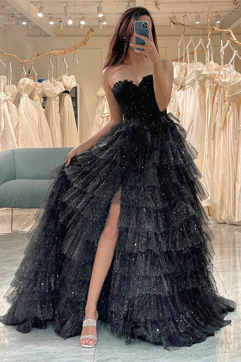 Wholesale Glitter Black A-Line Sweetheart Long Corset Tiered Prom Dress With Slit prom clothing