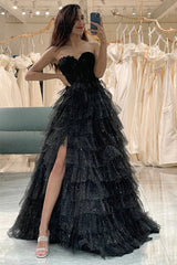 Wholesale Glitter Black A-Line Sweetheart Long Corset Tiered Prom Dress With Slit prom clothing