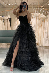 Wholesale Glitter Black A-Line Sweetheart Long Corset Tiered Prom Dress With Slit prom clothing