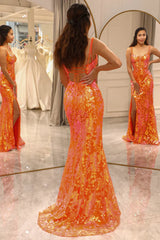 Wholesale Glitter Sequin Orange Mermaid Long Corset Prom Dress With Slit prom dresses with long sleeves