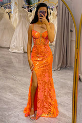 Wholesale Glitter Sequin Orange Mermaid Long Corset Prom Dress With Slit prom dresses with long sleeves