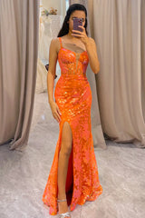 Wholesale Glitter Sequin Orange Mermaid Long Corset Prom Dress With Slit prom dresses with long sleeves
