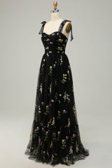 A Line Spaghetti Straps Black Long Prom Dress with Embroidery