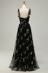 A Line Spaghetti Straps Black Long Prom Dress with Embroidery
