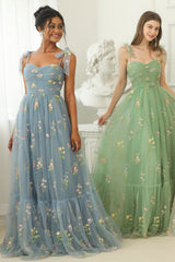 A Line Spaghetti Straps Black Long Prom Dress with Embroidery