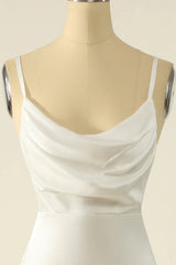Ivory thin shoulder strap, off shoulder satin surface, simple off back and floor length wedding dress