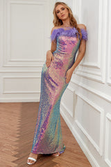 Light Purple Sequined Gradient Evening Dress with Feathers