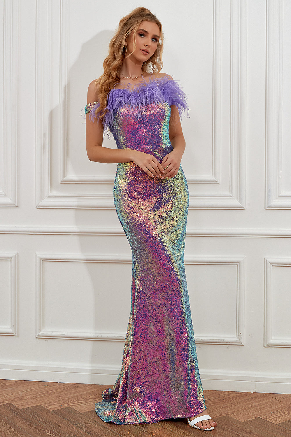 Light Purple Sequined Gradient Evening Dress with Feathers