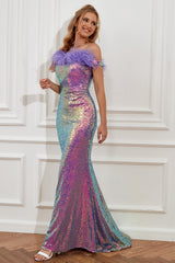 Light Purple Sequined Gradient Evening Dress with Feathers
