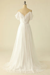 Simple White Off the Shoulder Train Dress Tulle Wedding Dress