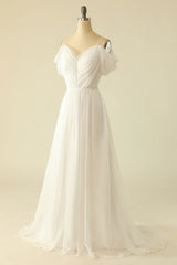 Simple White Off the Shoulder Train Dress Tulle Wedding Dress