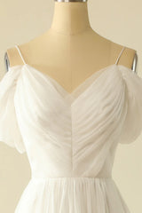 Simple White Off the Shoulder Train Dress Tulle Wedding Dress