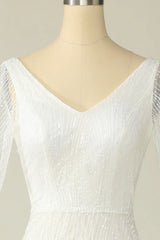 White V-neck lace and floor length backless wedding dress