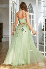A-Line Flower Tulle Champagne Prom Dress