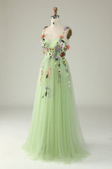 A Line Spaghetti Straps Green Prom Dress With 3D Flowers