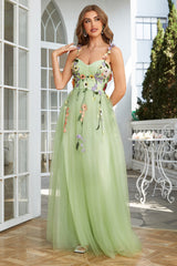 A-Line Flower Tulle Champagne Prom Dress