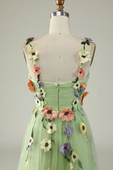 A Line Spaghetti Straps Green Prom Dress With 3D Flowers