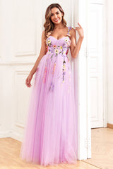 A-Line Flower Tulle Champagne Prom Dress