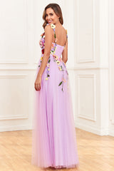 A-Line Flower Tulle Champagne Prom Dress