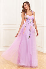 A Line Spaghetti Straps Purple Long Prom Dress with 3D Flowers