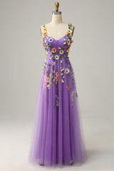 A-Line Flower Tulle Champagne Prom Dress