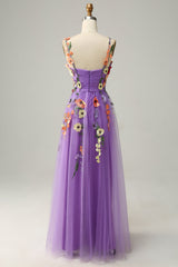 A-Line Flower Tulle Champagne Prom Dress
