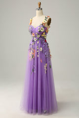 A-Line Flower Tulle Champagne Prom Dress