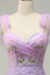 A-Line Purple Tulle Prom Dress With Embroidery