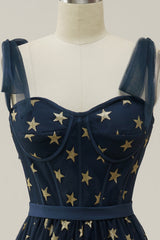 A-line Navy Tea-length Prom Dress with Stars