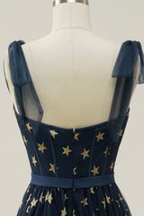 A-line Navy Tea-length Prom Dress with Stars