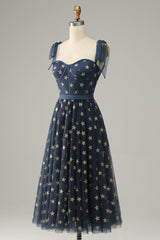 Navy Stars A-Line Tea-Length Prom Dress With Bowknots