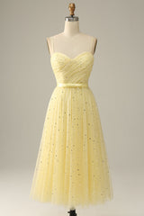Yellow Spaghetti Straps Tea Length Prom Dress