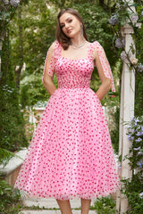 Pink Tulle A-line Midi Prom Dress with Hearts