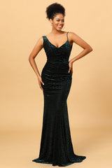 Mermaid V Neck Green Velvet Long Prom Dress