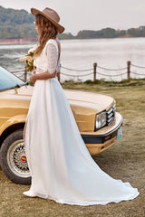 Ivory Lace Chiffon Half Sleeves Boho Backless V-Neck Wedding Dress With Slit