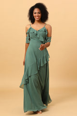 Eucalyptus Spaghetti Straps Long Bridesmaid Dress with Ruffles