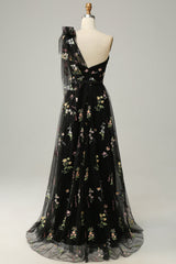 A-Line Grey Blue Long Prom Dress With Embroidery